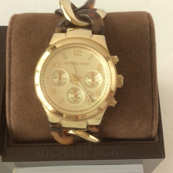 Michael Kors Runway Twist Gold Tone+Acrylic Tortoise Chain Watch MK4222 - Picture 1 of 6